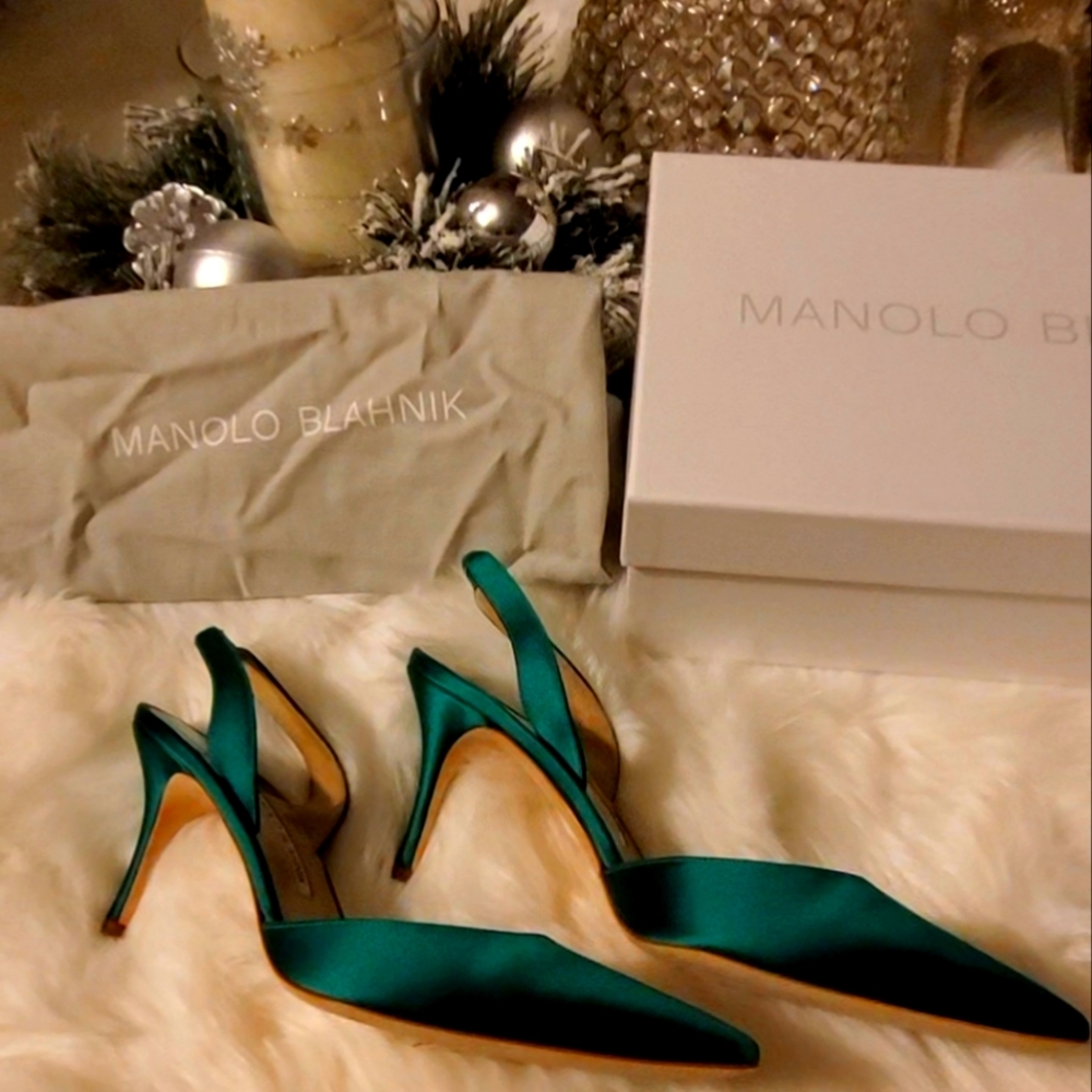 Manolo's Blahnik- Satin Emerald Green 3 inch  kitten heel